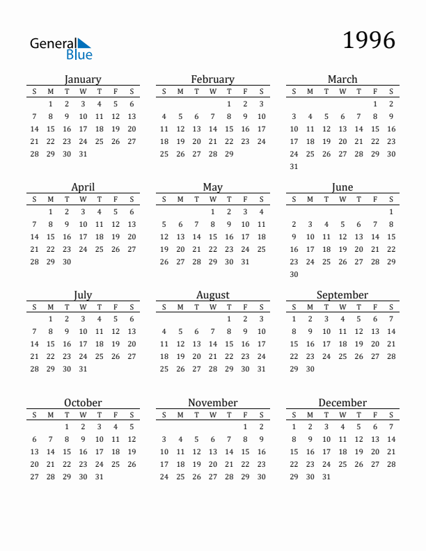Free 1996 Calendars in PDF Word Excel