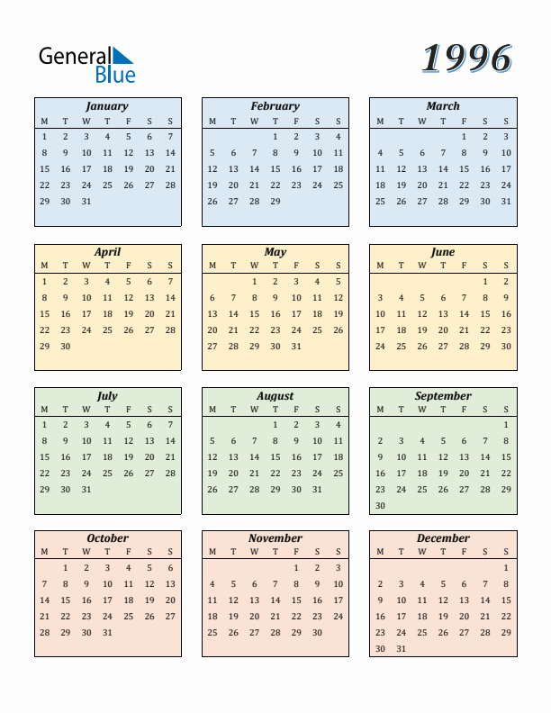 Calendar for 1996 (Monday Start)