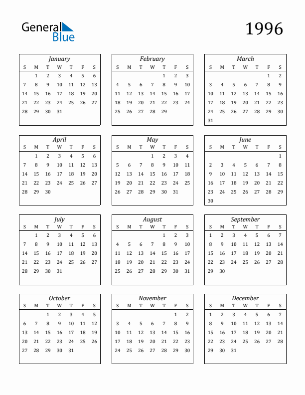 December 1996 Monthly Calendar (PDF, Word, Excel)