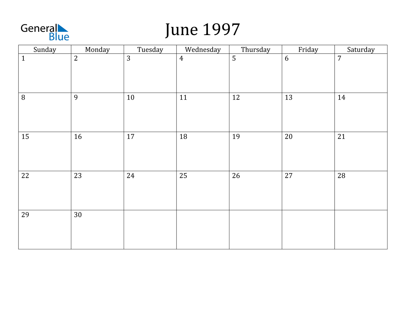 June 1997 Calendar PDF Word Excel