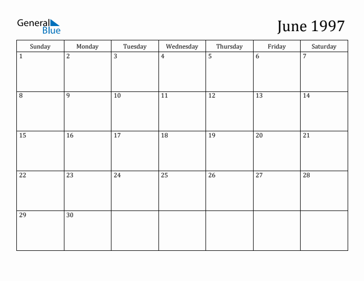 June 1997 Calendar (PDF Word Excel)