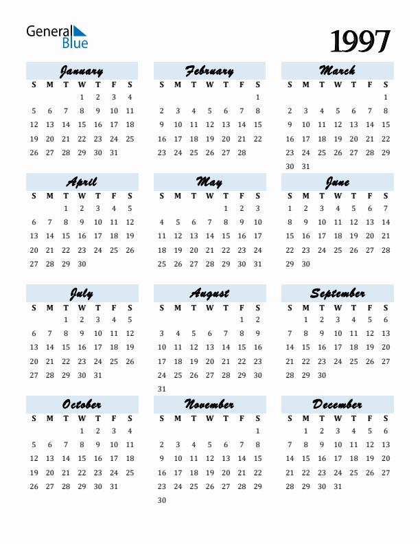 Free 1997 Calendars in PDF Word Excel