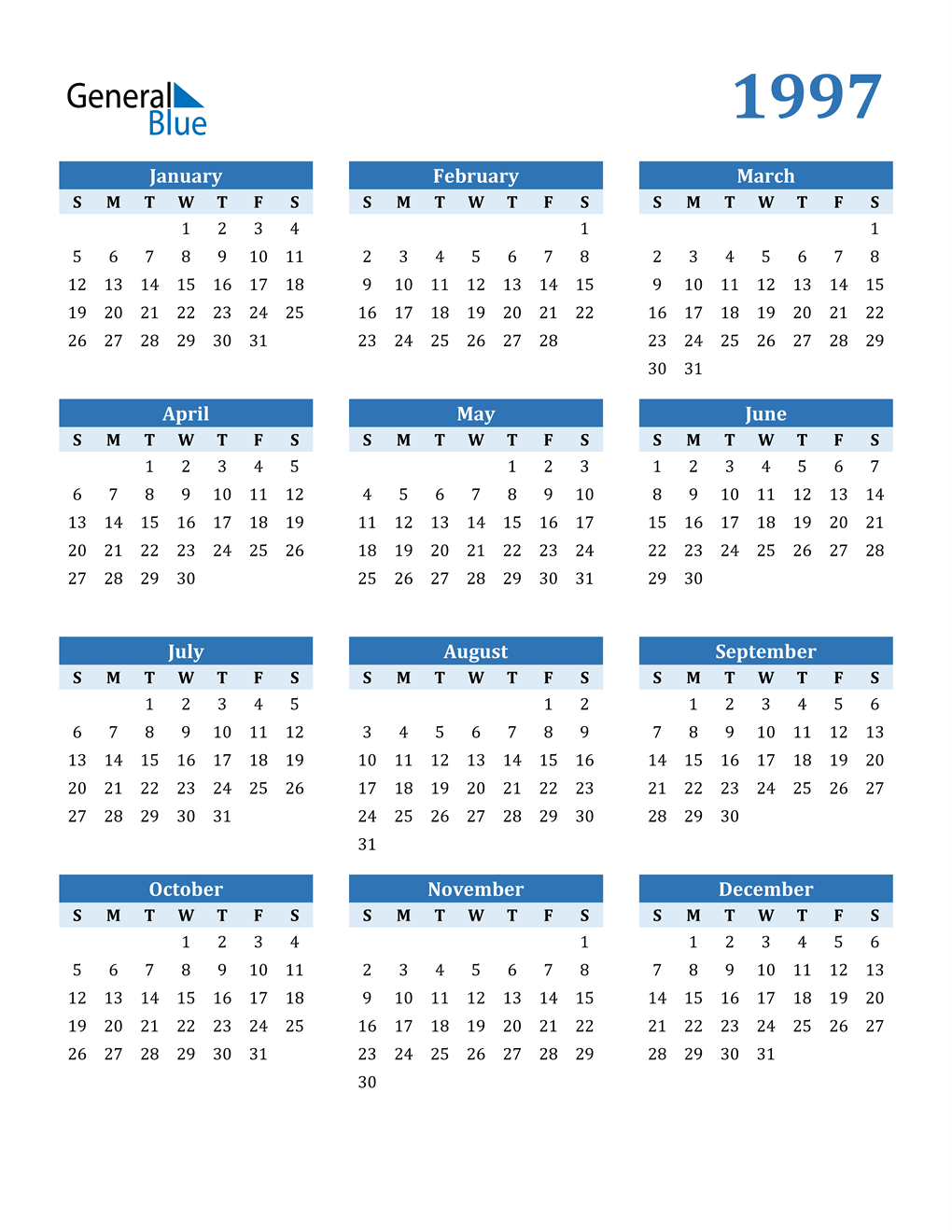 1997 Calendar (PDF Word Excel)