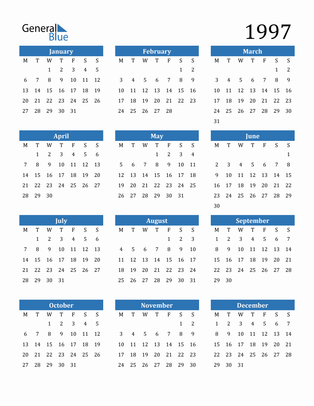 1997 Calendar with Monday Start