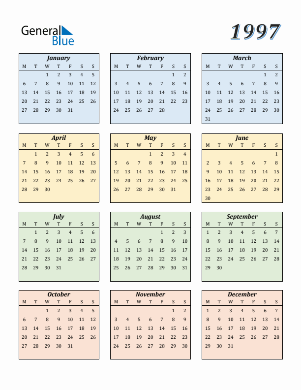 1997 Yearly Calendar Templates with Monday Start