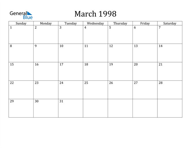 March 1998 Calendar (PDF Word Excel)
