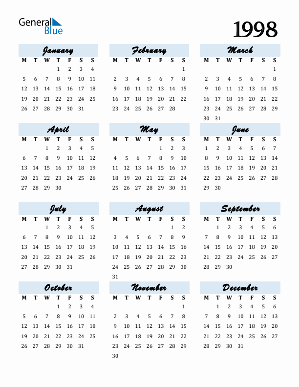 Calendar 1998 Free Download and Print