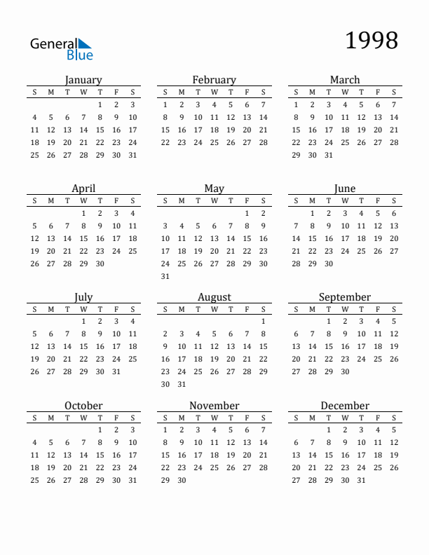 Free 1998 Calendars in PDF Word Excel