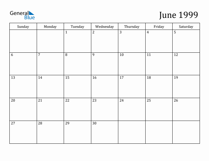 June 1999 Monthly Calendar (PDF Word Excel)