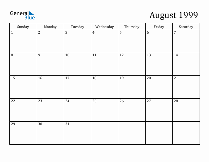 August 1999 Monthly Calendar (PDF Word Excel)
