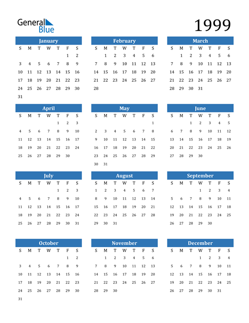 1999 Calendar (PDF Word Excel)
