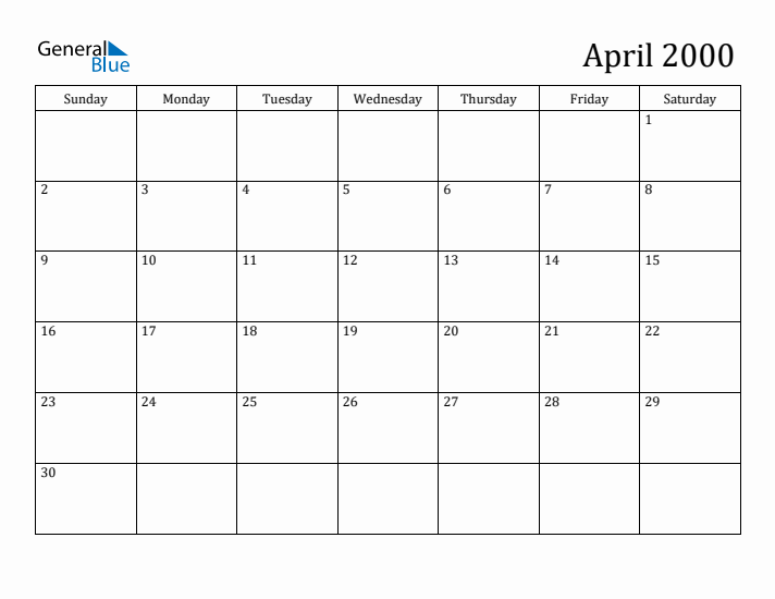 April 2000 Monthly Calendar (PDF Word Excel)