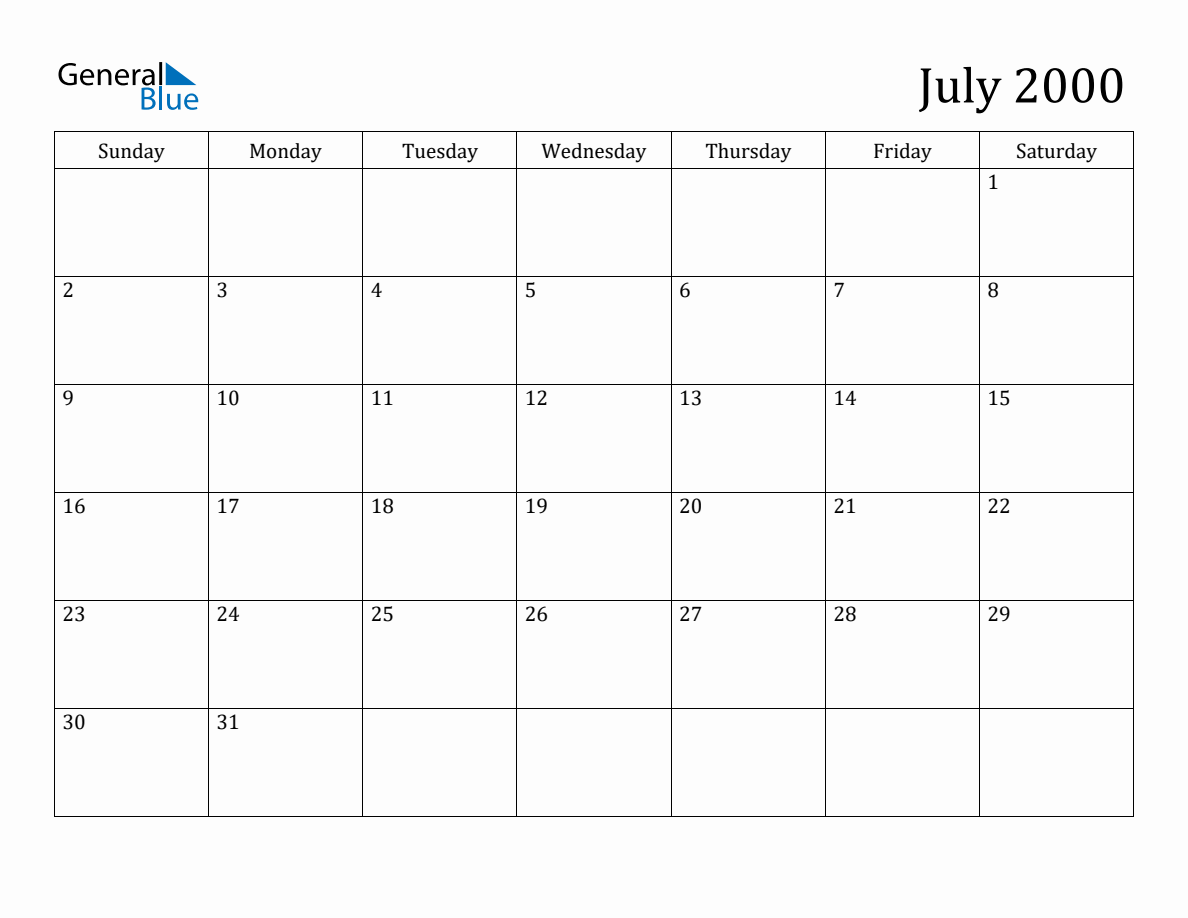 July 2000 Monthly Calendar