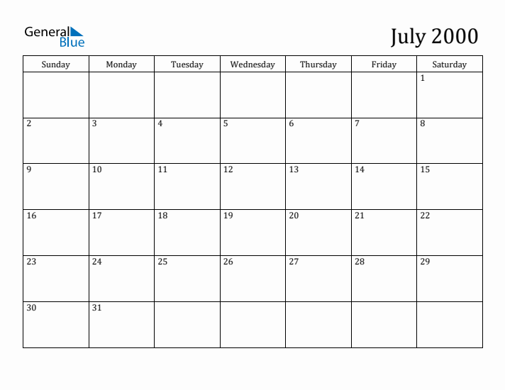 July 2000 Monthly Calendar (PDF Word Excel)