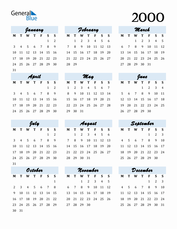 2000 Yearly Calendar Templates with Monday Start
