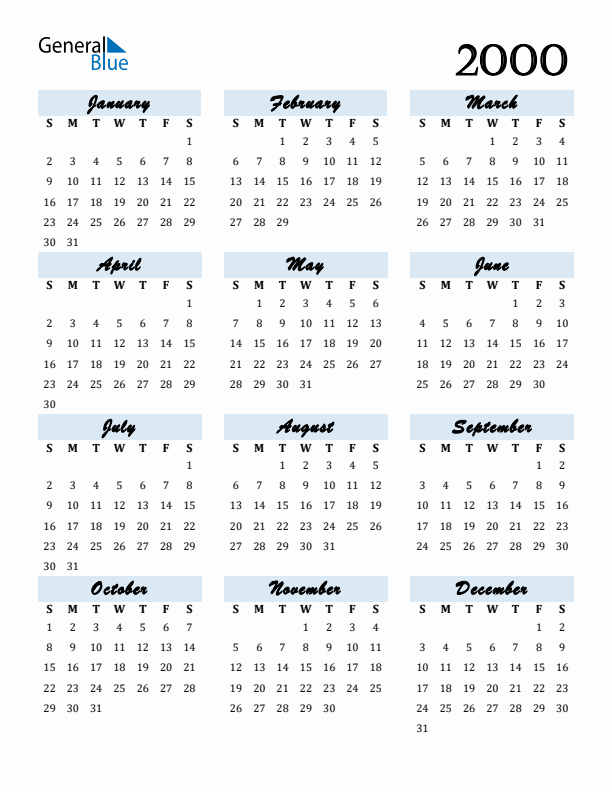 Free 2000 Calendars in PDF Word Excel