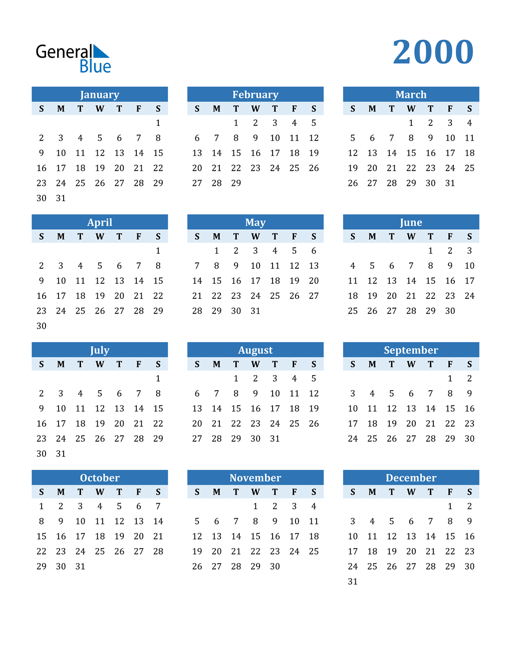 2000 Calendar Pdf Word Excel