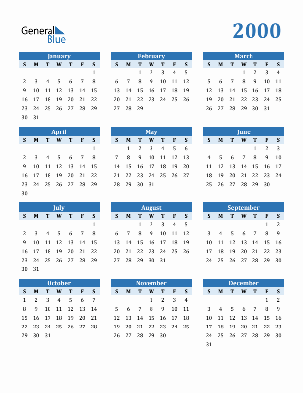 2000 Year Calendar with Sunday Start