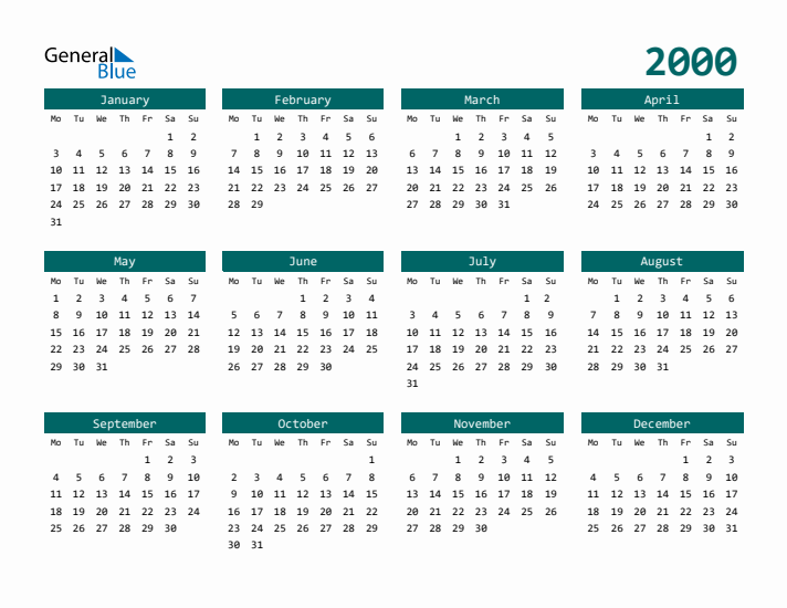 2000 Yearly Calendar Templates with Monday Start