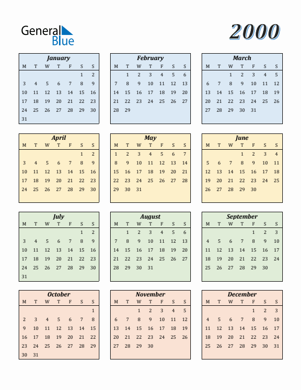 Calendar for 2000 (Monday Start)