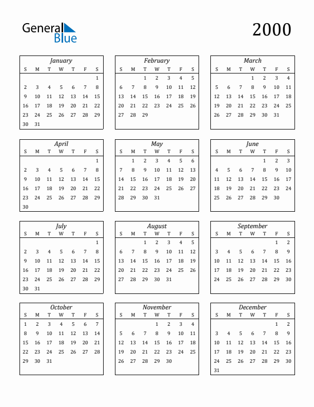 Blank Calendar 2000