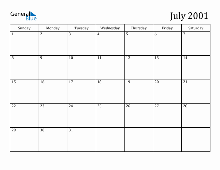 July 2001 Calendars (PDF Word Excel)