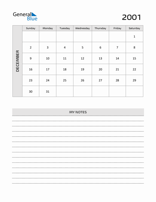 December 2001 Monthly Calendar (PDF Word Excel)