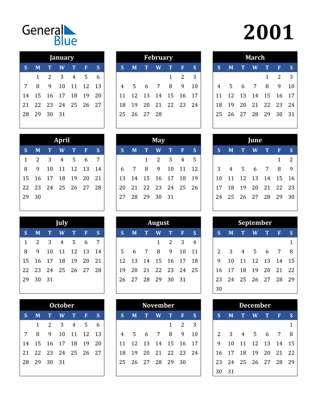 Free 2001 Calendars in PDF, Word and Excel