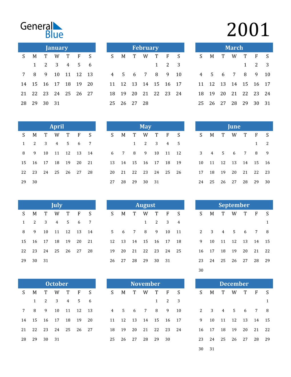 2001 Calendar (PDF, Word, Excel)
