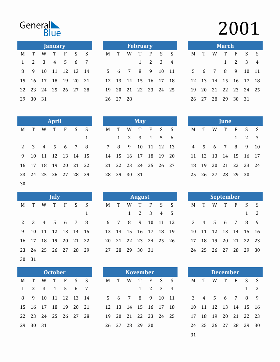 2001 Yearly Calendar