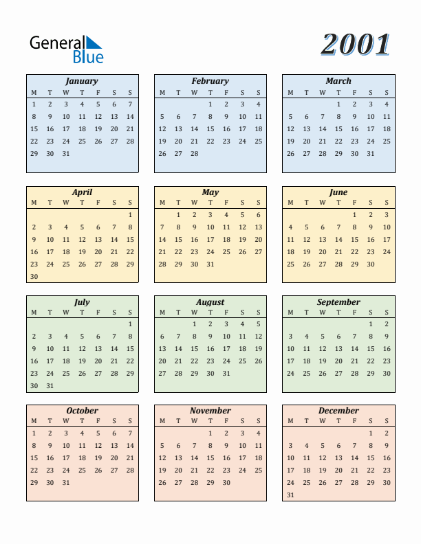 Calendar for 2001 (Monday Start)