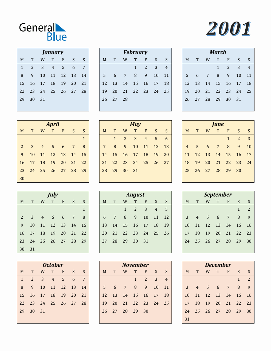 Calendar for Year 2001