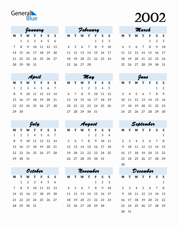 Calendar 2002 Free Download and Print