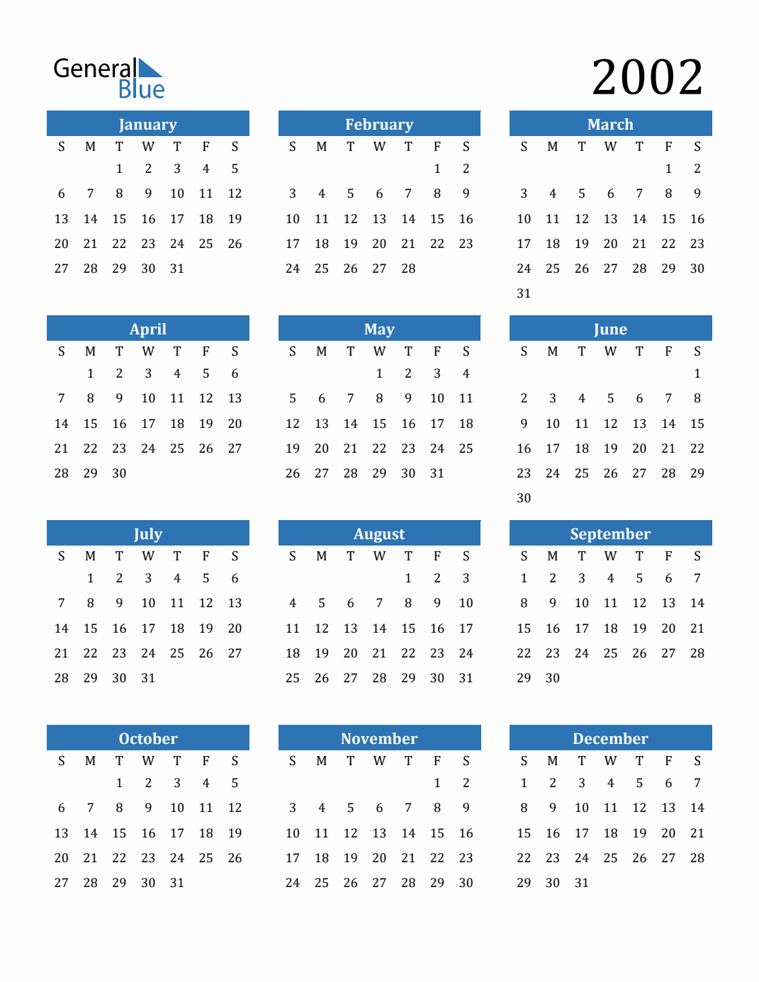 Free 2002 Calendars in PDF, Word, Excel