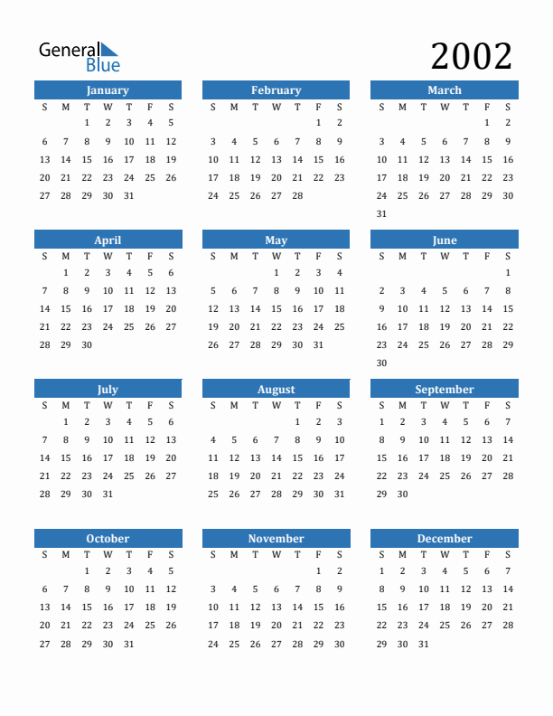 Free 2002 Calendars in PDF Word Excel