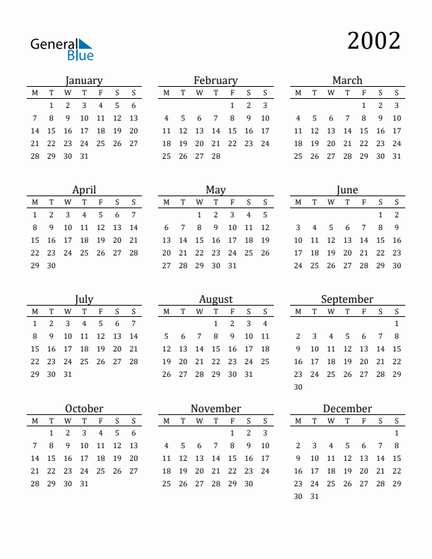 2002 Yearly Calendar Templates with Monday Start