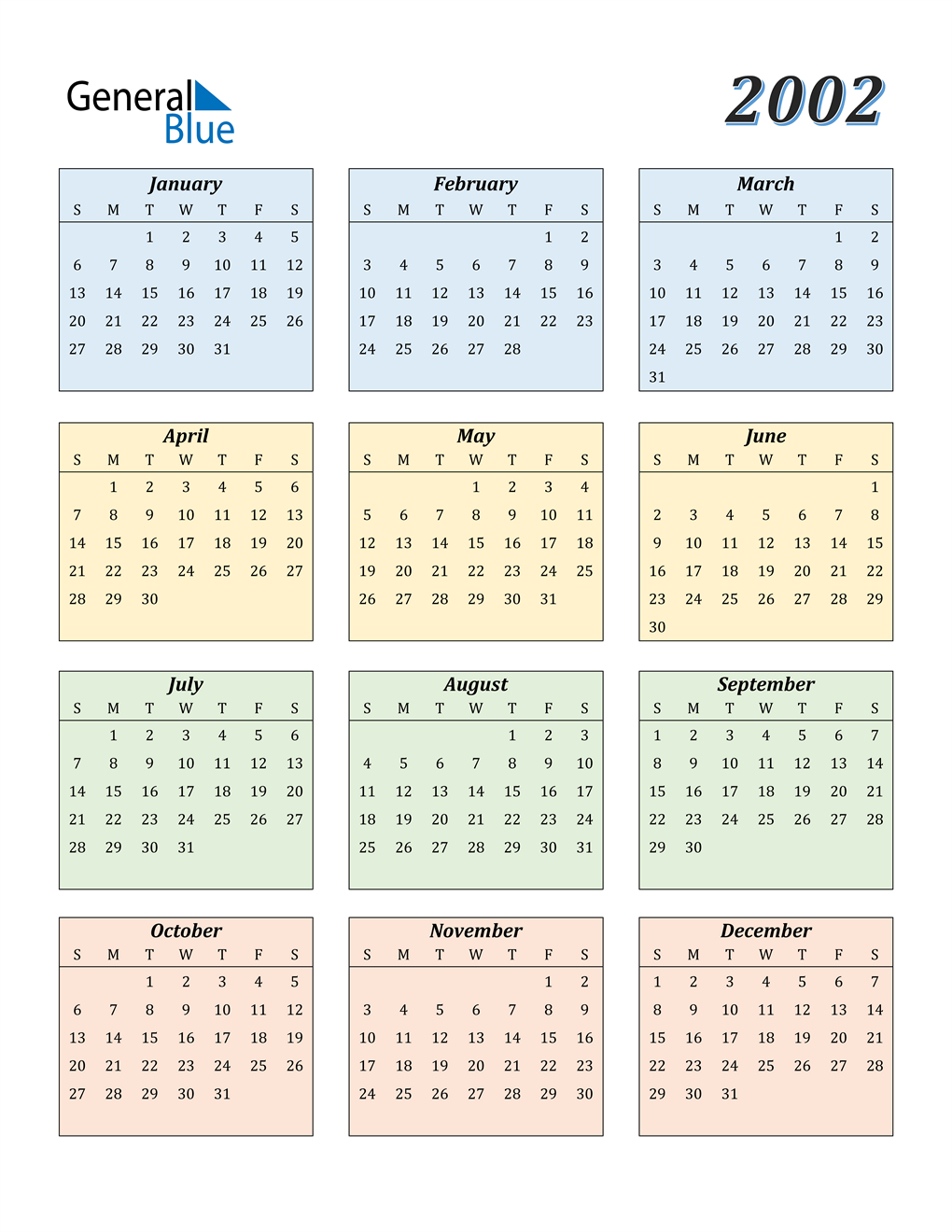 2002 Calendar (PDF, Word, Excel)