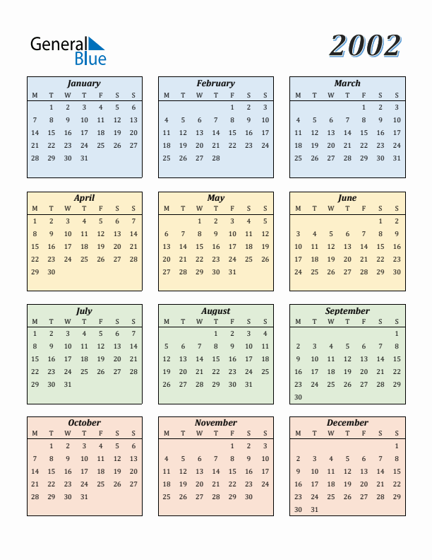 Calendar for 2002 (Monday Start)