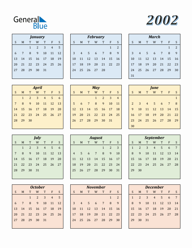 Calendar for 2002 (Sunday Start)