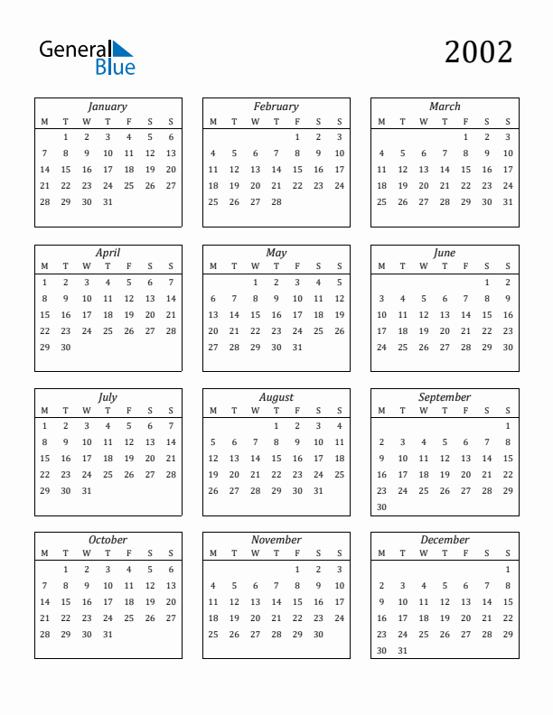 2002 Yearly Calendar Templates with Monday Start