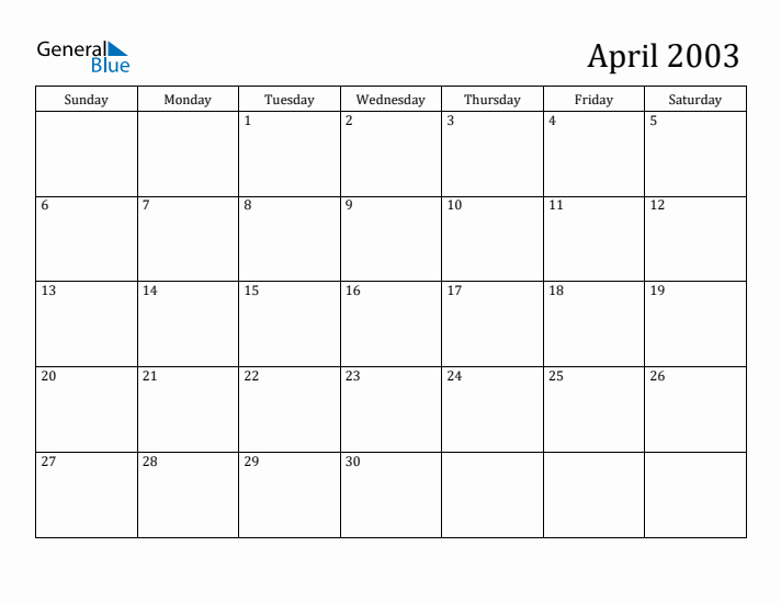 April 2003 Monthly Calendar (PDF Word Excel)