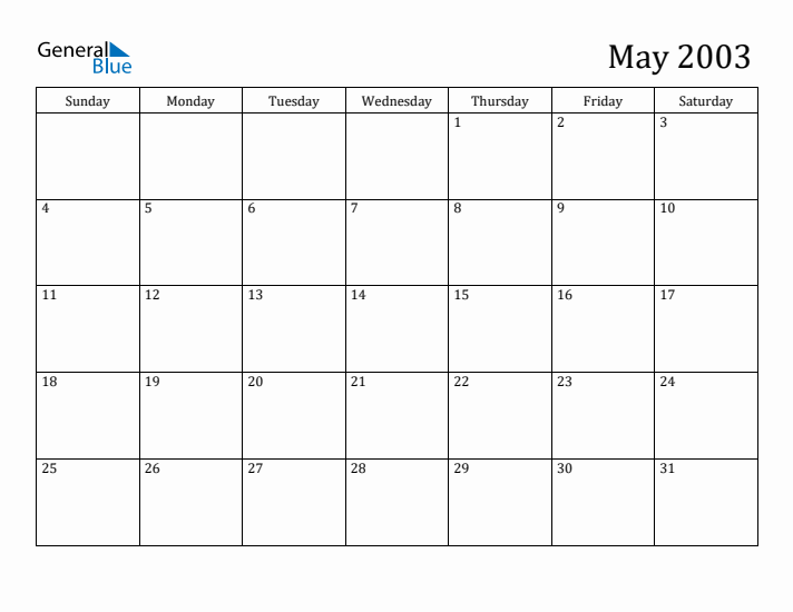 May 2003 Monthly Calendar (PDF Word Excel)