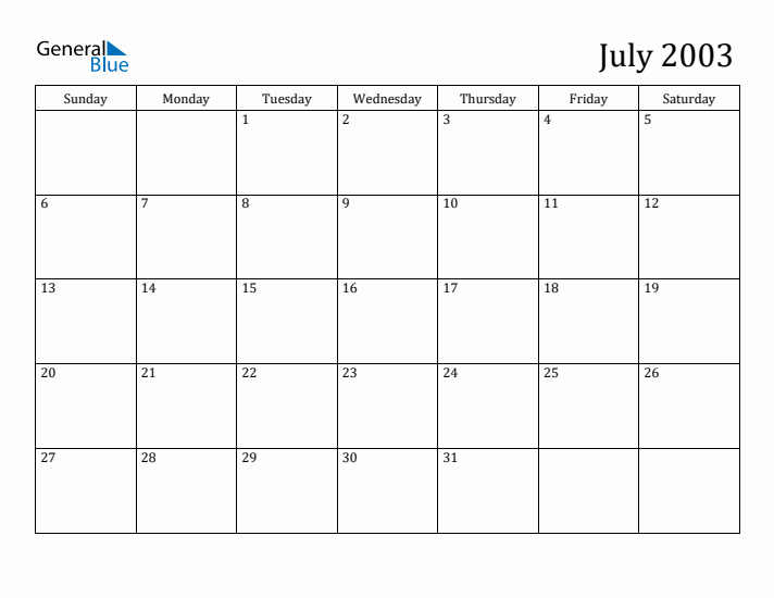 July 2003 Monthly Calendar (PDF Word Excel)