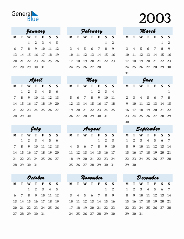 Calendar 2003 Free Download and Print