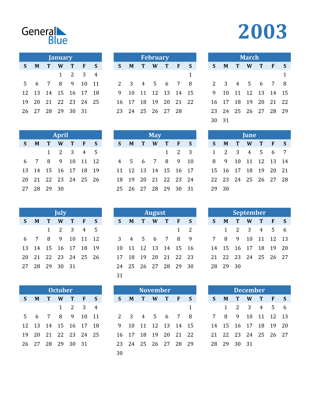 2003 Calendar (PDF, Word, Excel)