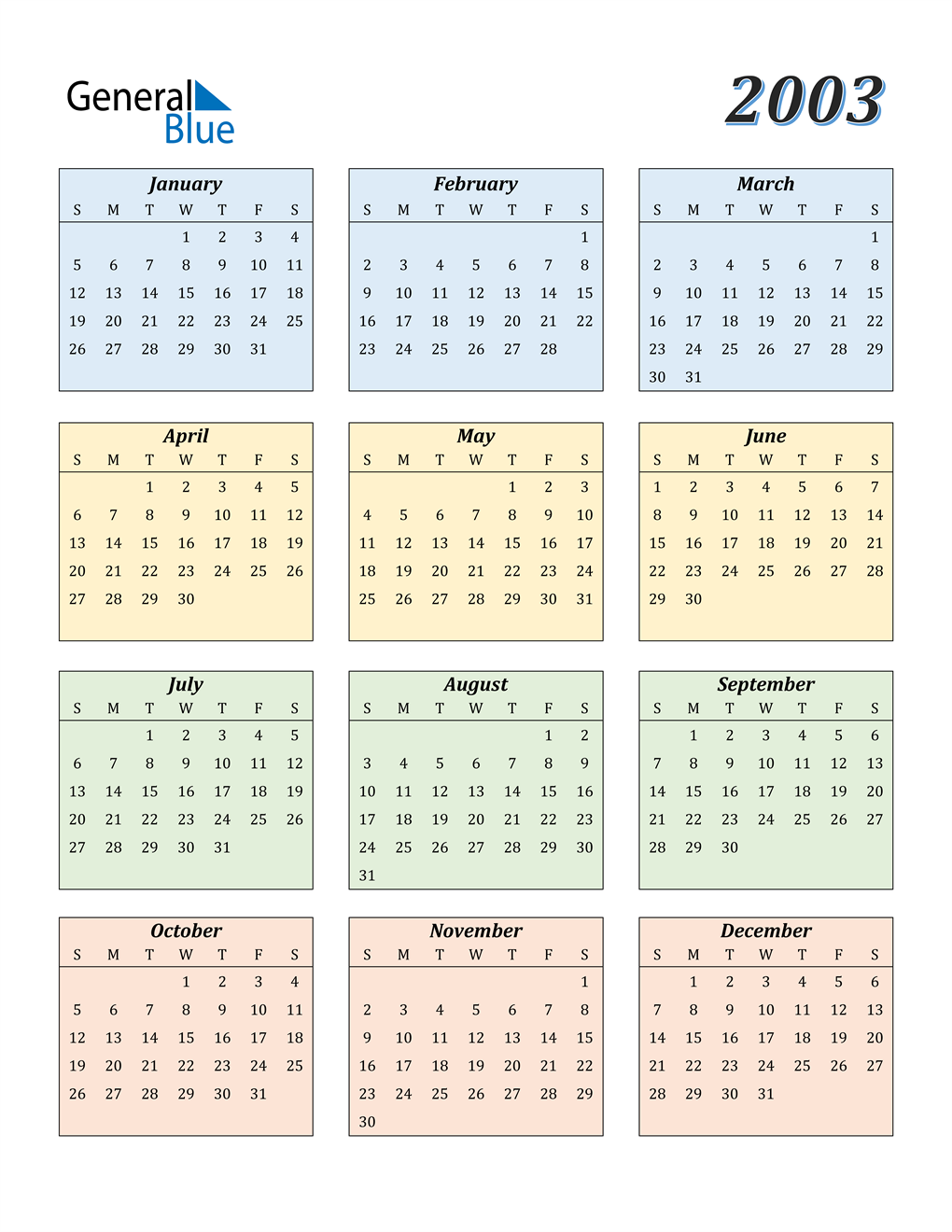 2003 Calendar (PDF, Word, Excel)