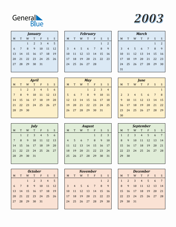 Calendar for 2003 (Monday Start)