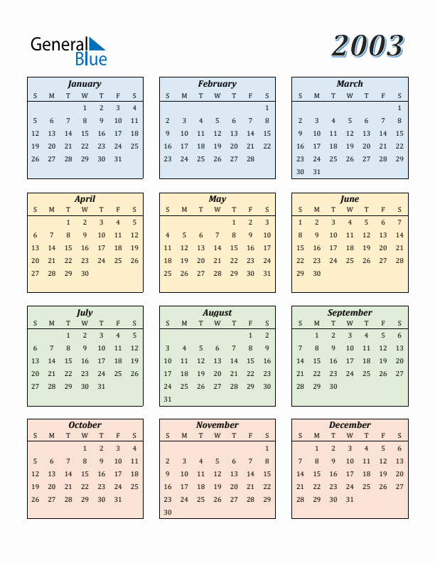 Calendar for 2003 (Sunday Start)