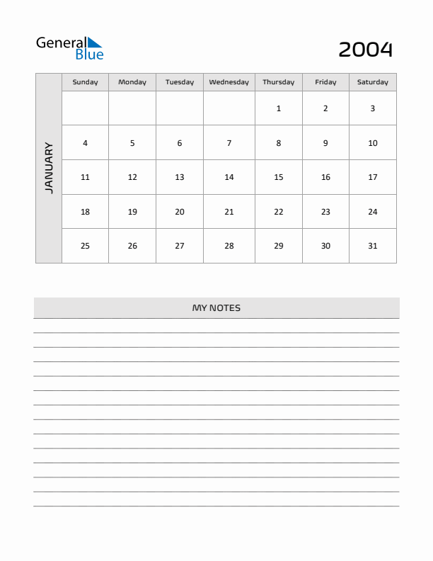 January 2004 Monthly Calendar (PDF, Word, Excel)