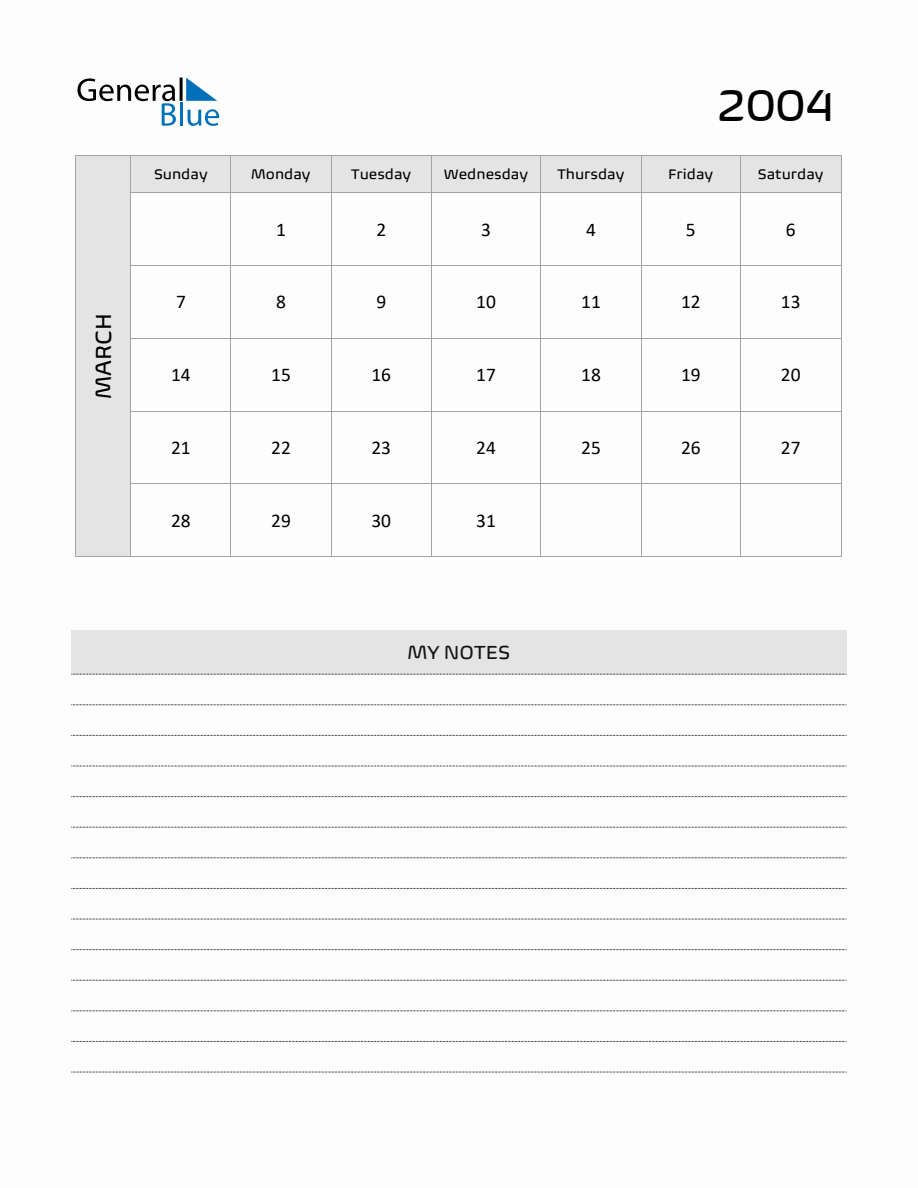 March 2004 Printable Monthly Calendar with Notes